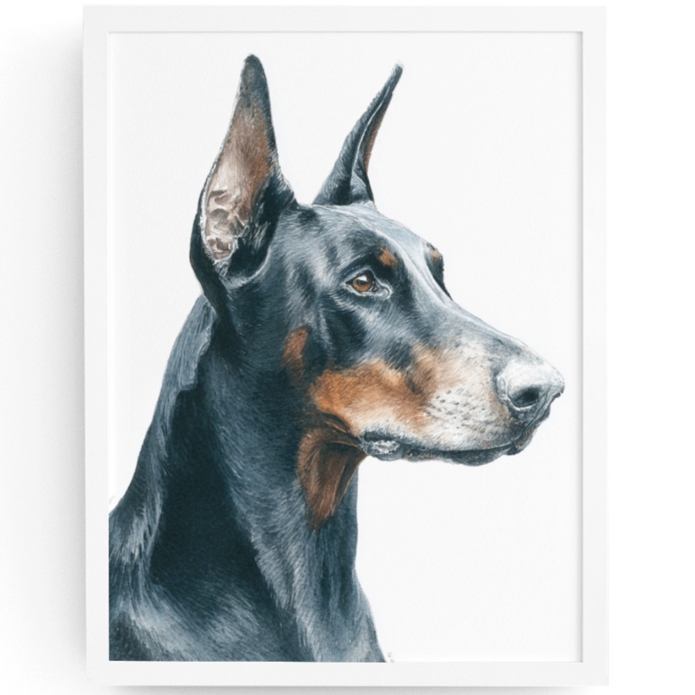 Watercolor Black Doberman Dog Portrait Wall Art Print Poster Unframed